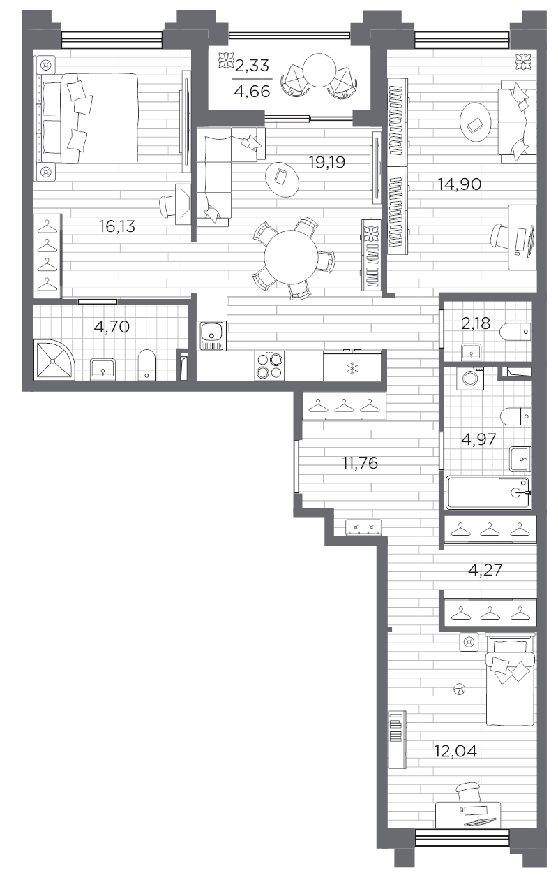 4-комнатная (Евро) квартира, 92.47 м² в ЖК "Ассамблея" - планировка, фото №1
