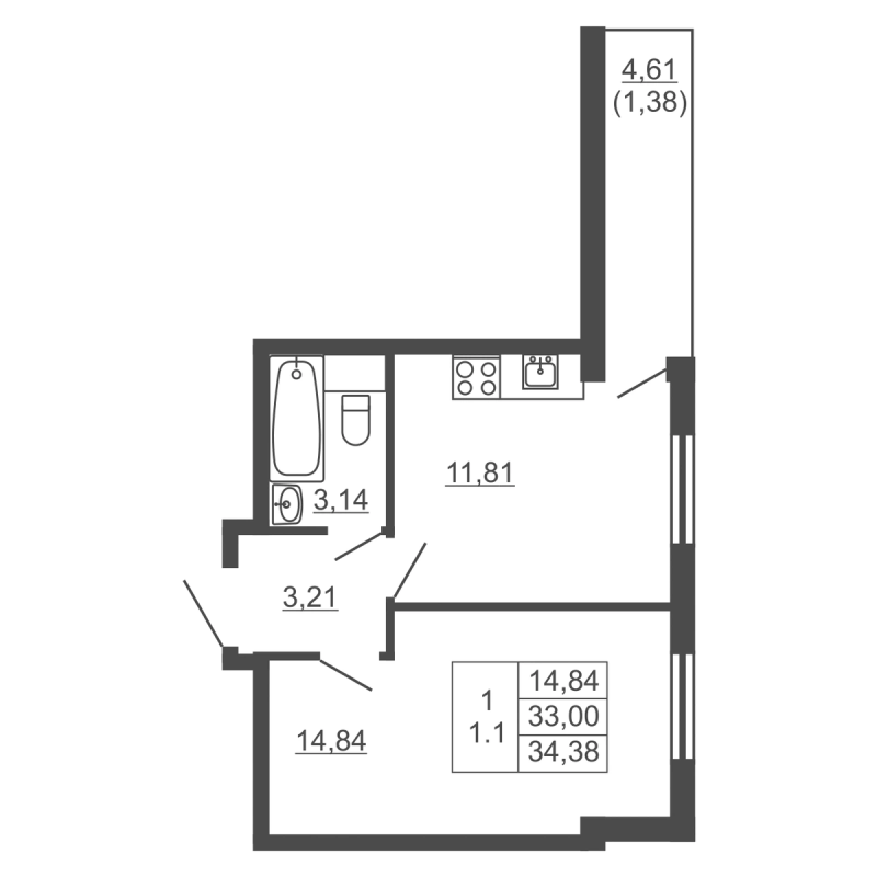 1-комнатная квартира, 34.38 м² в ЖК "Тандем" - планировка, фото №1