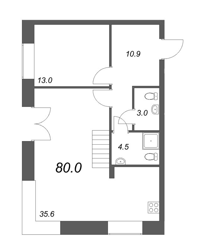 1-комнатная квартира, 79.1 м² - планировка, фото №1