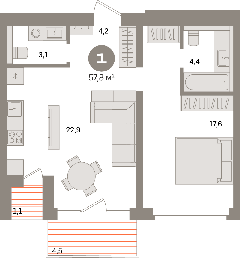 2-комнатная (Евро) квартира, 57.7 м² в ЖК "Северный ветер" - планировка, фото №1
