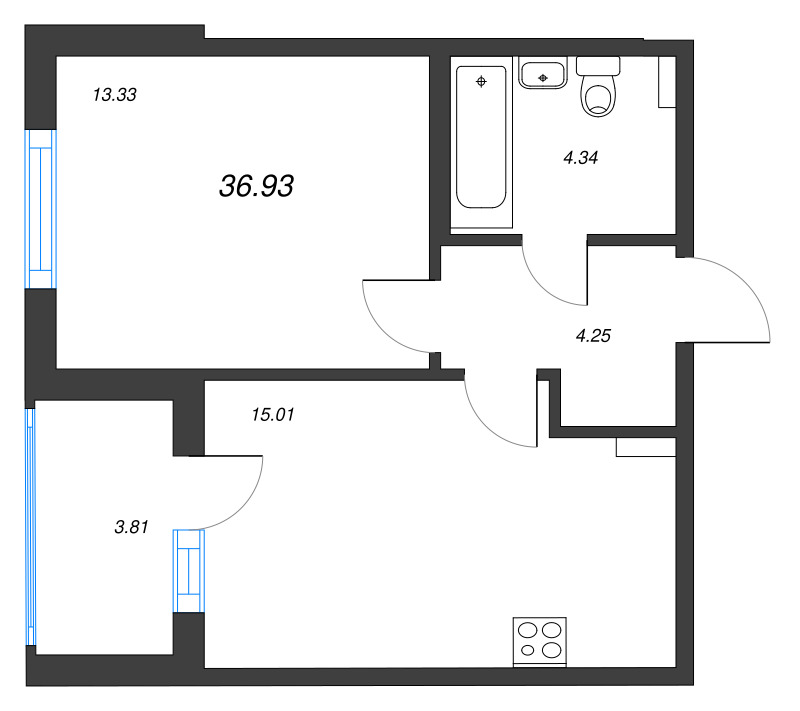 2-комнатная (Евро) квартира, 36.93 м² - планировка, фото №1