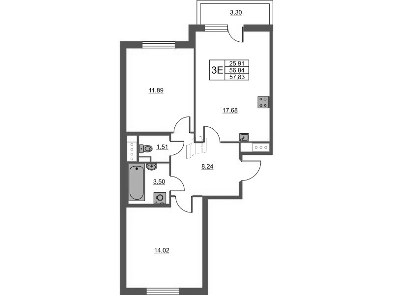 3-комнатная (Евро) квартира, 57.83 м² - планировка, фото №1