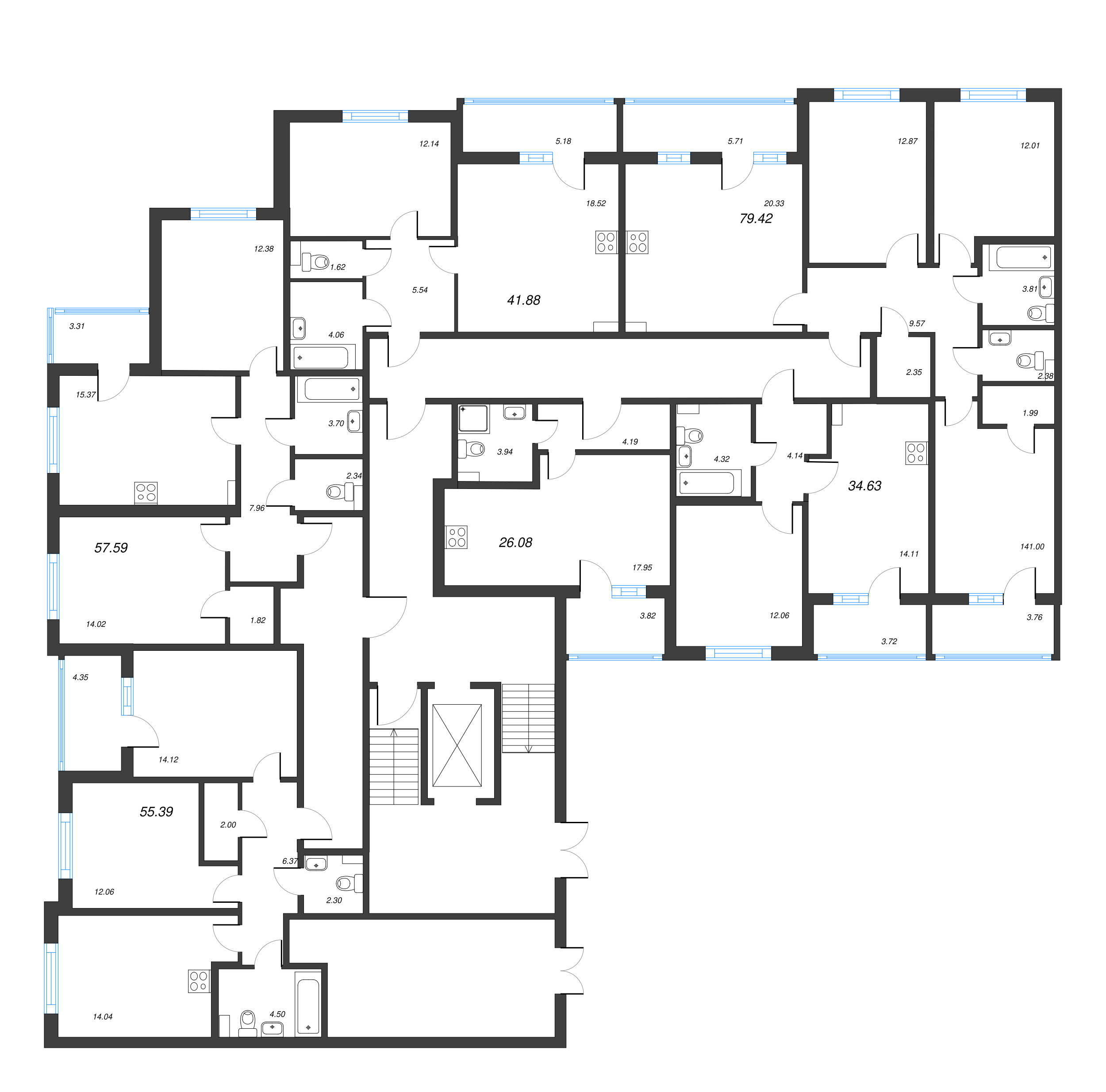 3-комнатная (Евро) квартира, 57.59 м² - планировка этажа