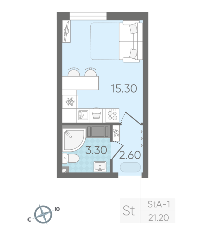 Квартира-студия, 21.2 м² в ЖК "Октябрьская набережная" - планировка, фото №1