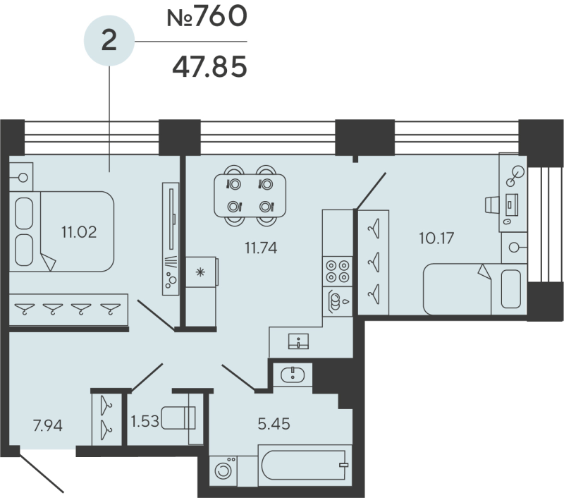 2-комнатная квартира, 47.85 м² в ЖК "Bashni Element" - планировка, фото №1