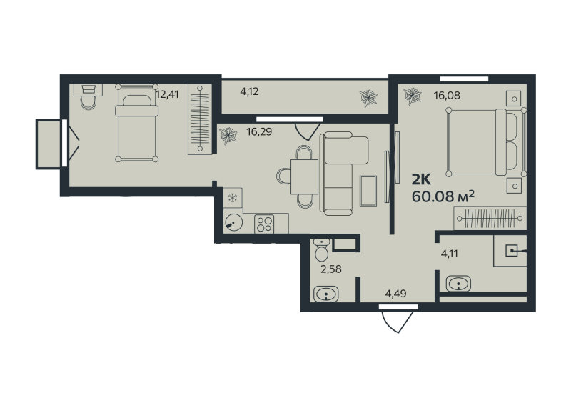 3-комнатная (Евро) квартира, 60.08 м² в ЖК "Эдельвейс.Янино" - планировка, фото №1