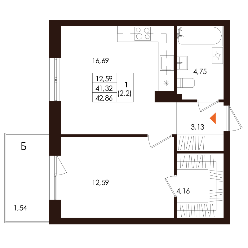 2-комнатная (Евро) квартира, 42.86 м² - планировка, фото №1