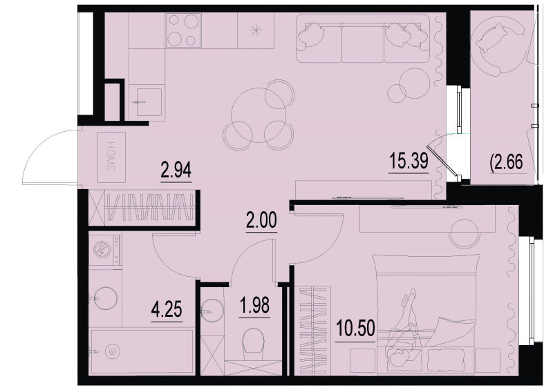 2-комнатная (Евро) квартира, 38.39 м² в ЖК "ID Murino III" - планировка, фото №1