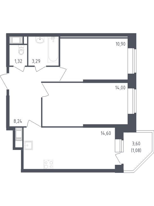 2-комнатная квартира, 53.43 м² в ЖК "Живи! В Рыбацком" - планировка, фото №1