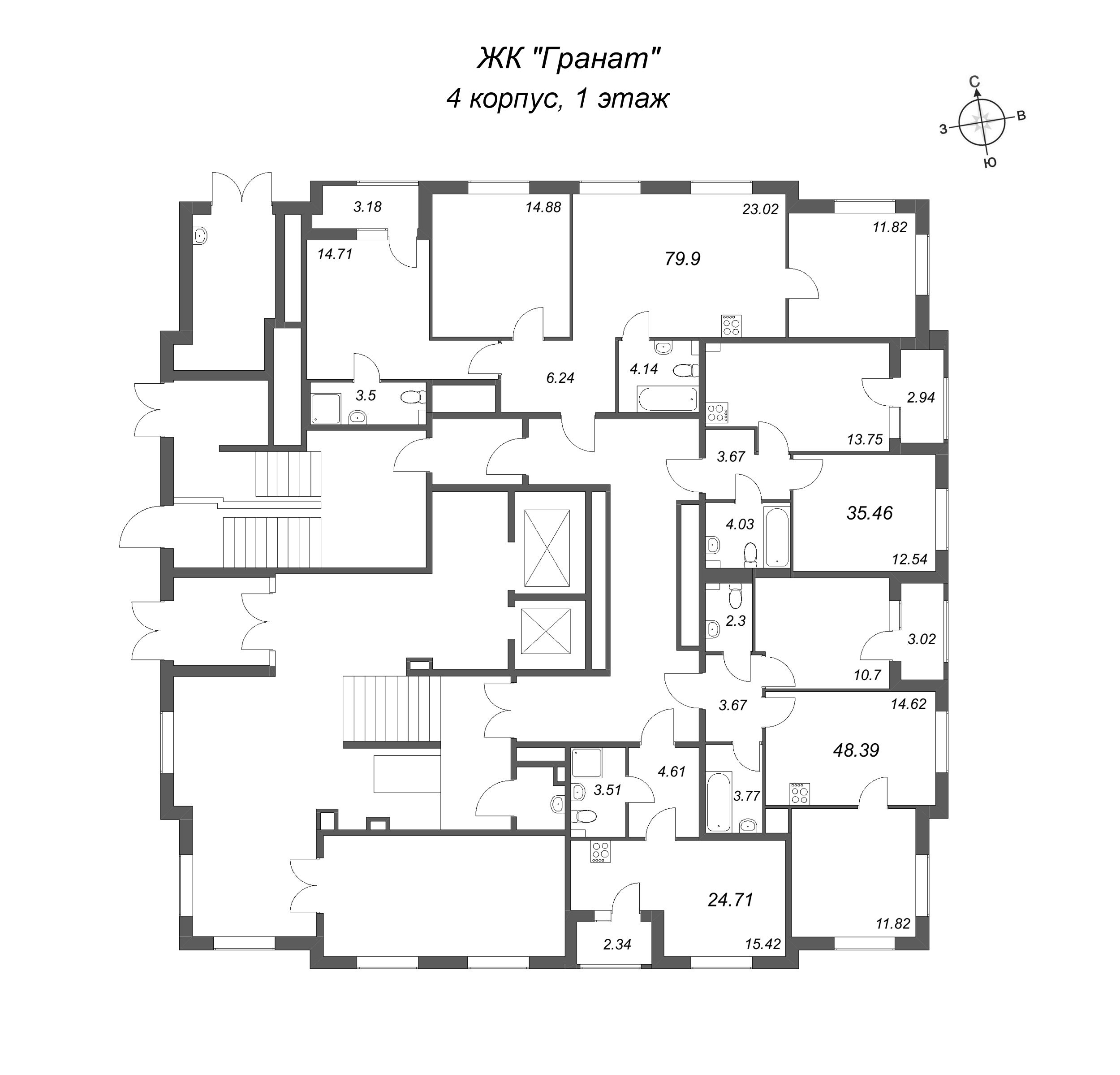 2-комнатная квартира, 48.39 м² в ЖК "Гранат" - планировка этажа