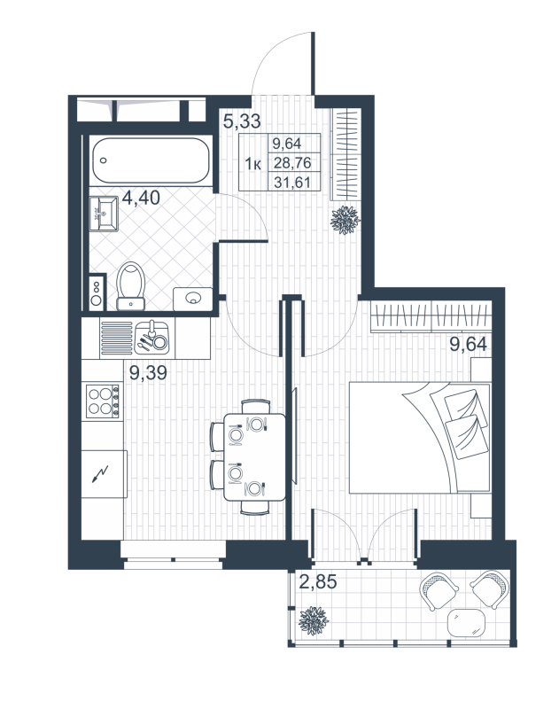1-комнатная квартира, 29.62 м² - планировка, фото №1