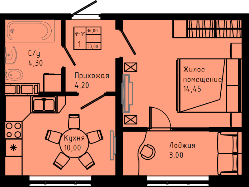 1-комнатная квартира, 36 м² в ЖК "Pixel" - планировка, фото №1