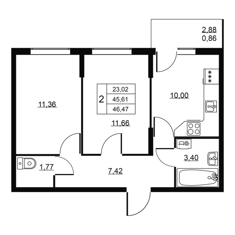 2-комнатная квартира, 46.47 м² в ЖК "Пулковское, 34" - планировка, фото №1