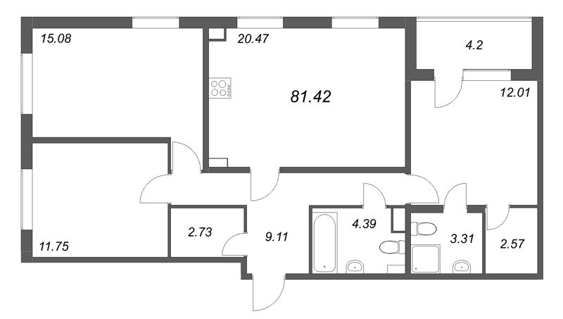 4-комнатная (Евро) квартира, 81.42 м² в ЖК "Любоград" - планировка, фото №1