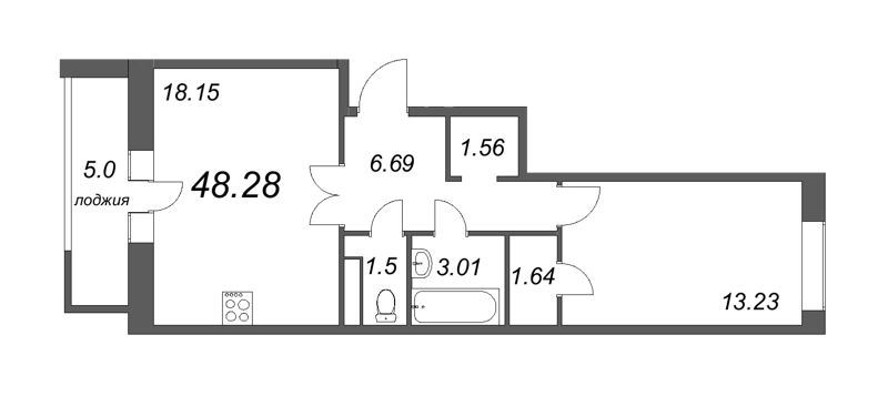 1-комнатная квартира, 48.28 м² - планировка, фото №1