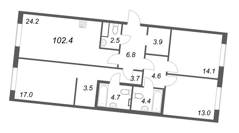 4-комнатная (Евро) квартира, 102.4 м² в ЖК "Визионер" - планировка, фото №1
