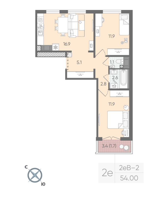 2-комнатная (Евро) квартира, 54 м² в ЖК "Пейзажный квартал" - планировка, фото №1