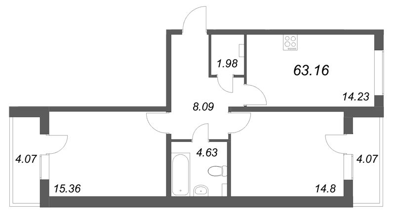 2-комнатная квартира, 63.16 м² в ЖК "АРО" - планировка, фото №1