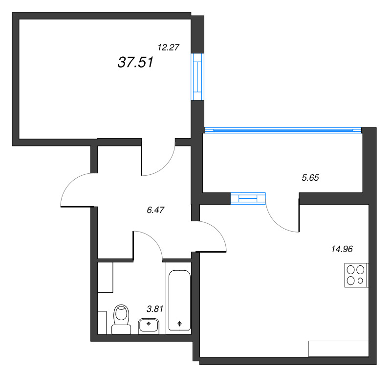 2-комнатная (Евро) квартира, 37.51 м² - планировка, фото №1