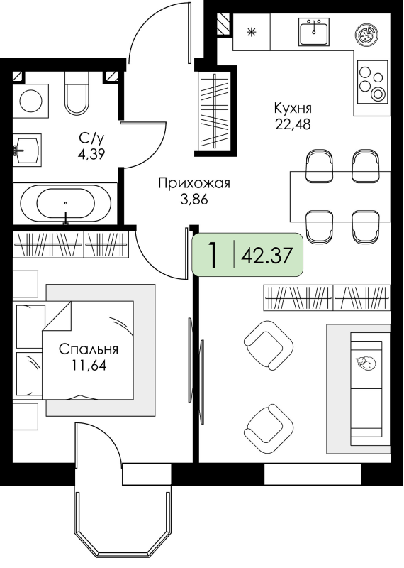 2-комнатная (Евро) квартира, 42.37 м² в ЖК "Всевгород" - планировка, фото №1