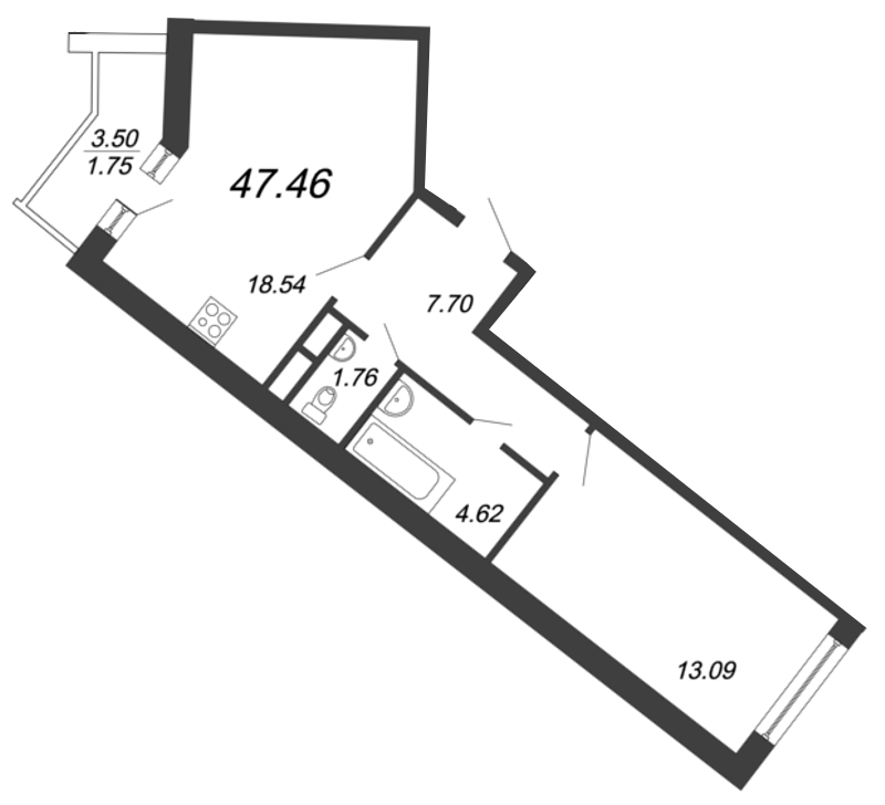 2-комнатная (Евро) квартира, 47.46 м² в ЖК "Ariosto" - планировка, фото №1