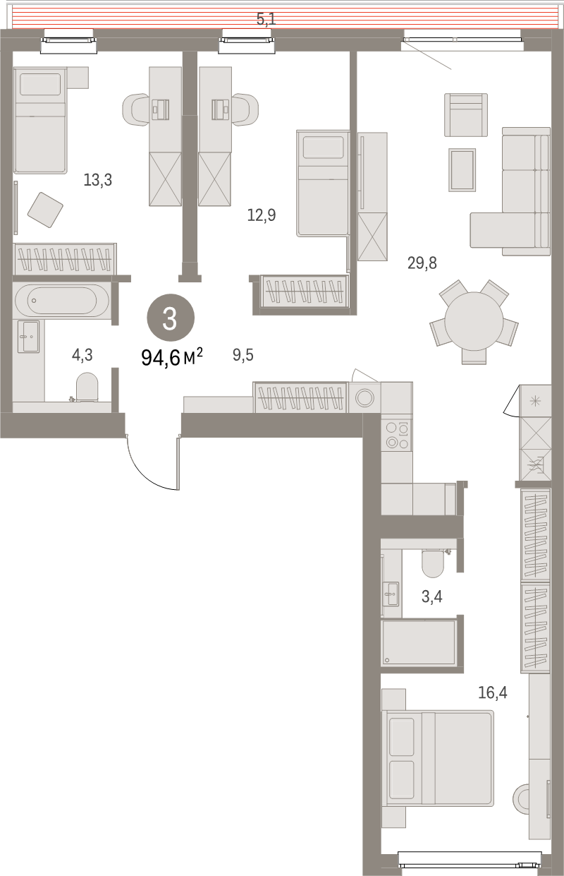 4-комнатная (Евро) квартира, 94.6 м² в ЖК "Северный ветер" - планировка, фото №1