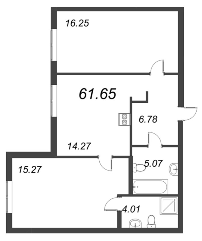 2-комнатная квартира, 61.65 м² - планировка, фото №1