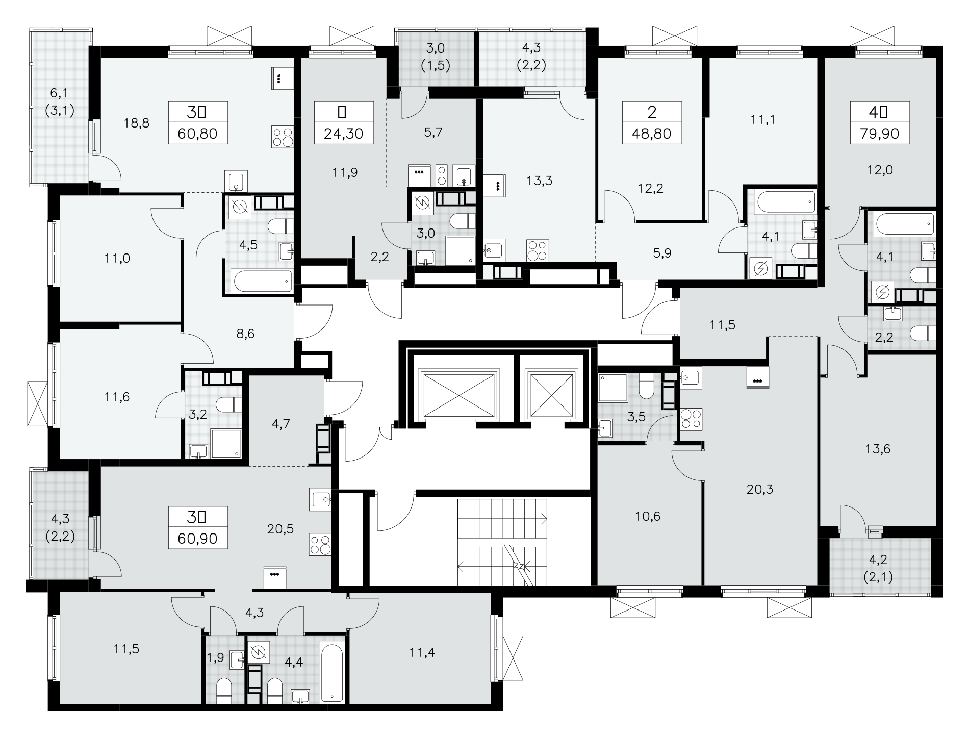 3-комнатная (Евро) квартира, 60.9 м² - планировка этажа