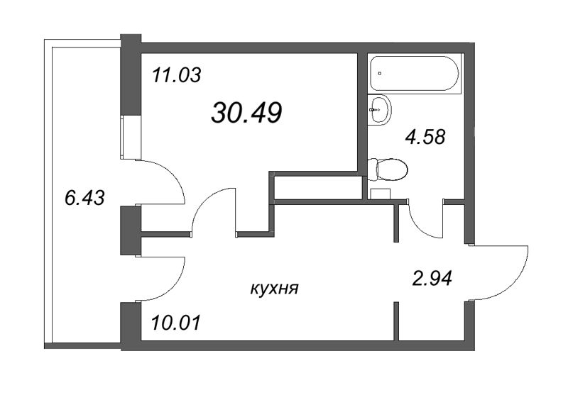 1-комнатная квартира, 30.49 м² - планировка, фото №1