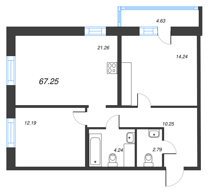 3-комнатная (Евро) квартира, 67.25 м² - планировка, фото №1