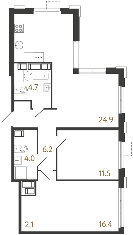 3-комнатная (Евро) квартира, 69.8 м² в ЖК "Струны" - планировка, фото №1