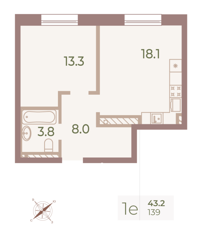 2-комнатная (Евро) квартира, 42.9 м² - планировка, фото №1