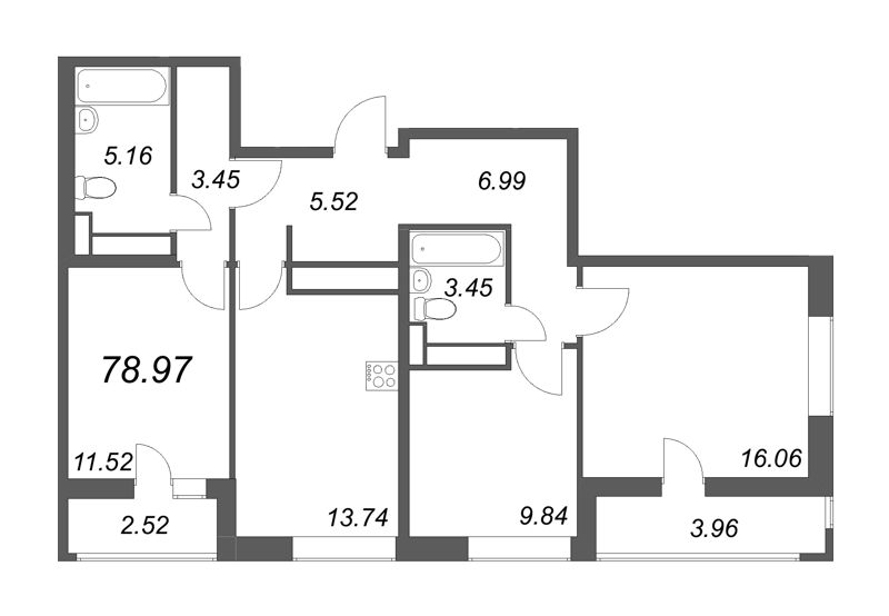 3-комнатная квартира, 78.97 м² - планировка, фото №1