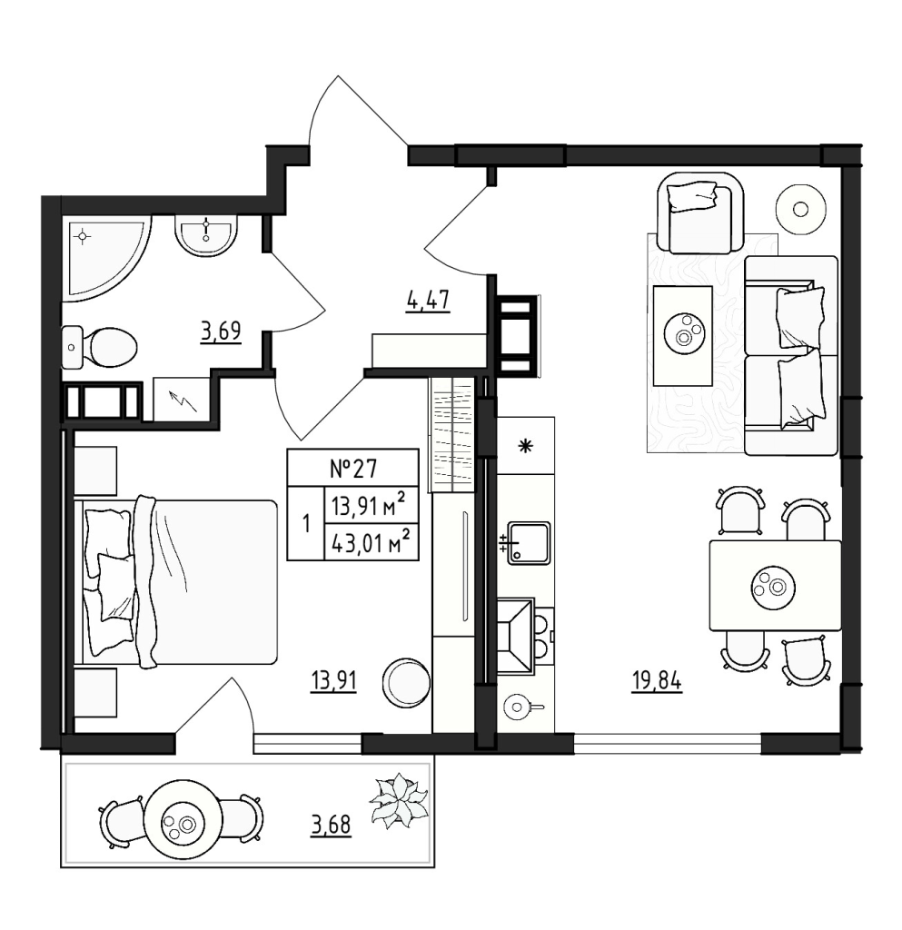 2-комнатная (Евро) квартира, 43.01 м² в ЖК "Верево Сити" - планировка, фото №1