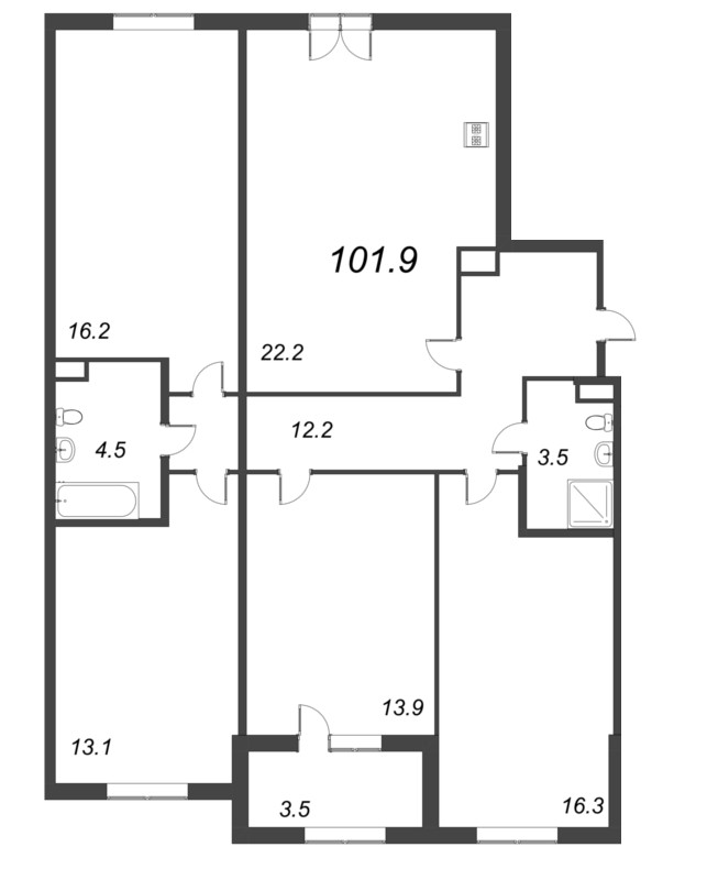 5-комнатная (Евро) квартира, 101.9 м² - планировка, фото №1