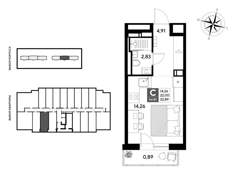 Квартира-студия, 22.89 м² в ЖК "Догма Юкки" - планировка, фото №1