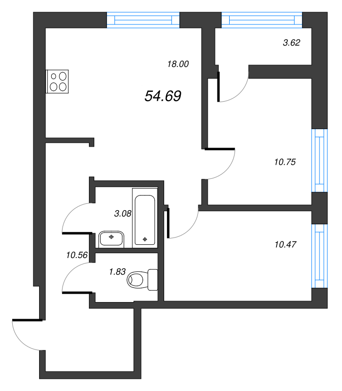 3-комнатная (Евро) квартира, 54.69 м² в ЖК "Чёрная речка" - планировка, фото №1