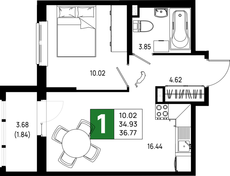 2-комнатная (Евро) квартира, 36.77 м² в ЖК "Имена" - планировка, фото №1