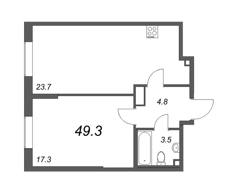 2-комнатная (Евро) квартира, 49.3 м² - планировка, фото №1