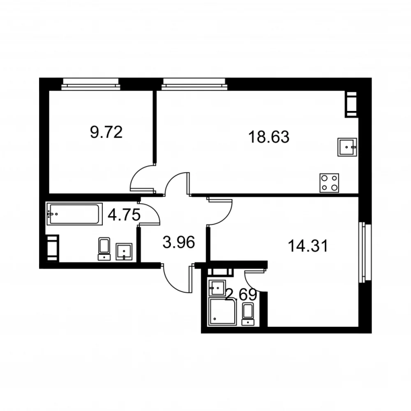 3-комнатная (Евро) квартира, 54.06 м² в ЖК "Квартал Заречье" - планировка, фото №1