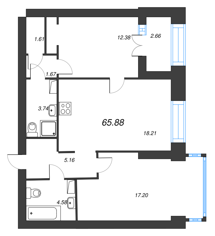 3-комнатная (Евро) квартира, 66.9 м² - планировка, фото №1