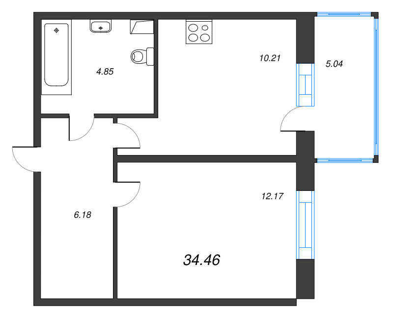 1-комнатная квартира, 34.46 м² в ЖК "Аквилон Stories" - планировка, фото №1