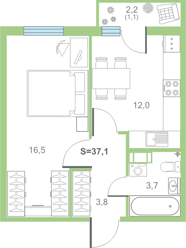 1-комнатная квартира, 37.2 м² в ЖК "Дуэт" - планировка, фото №1