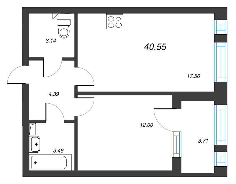 2-комнатная (Евро) квартира, 42.41 м² - планировка, фото №1