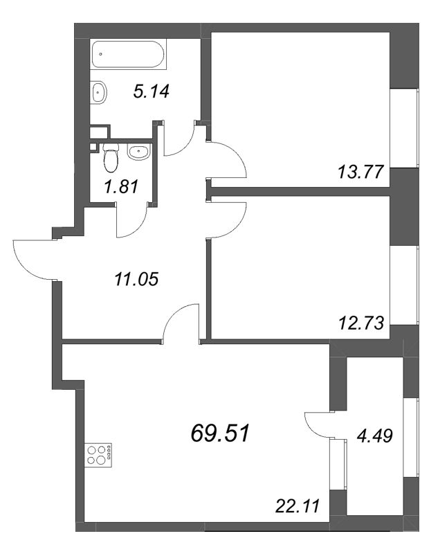 3-комнатная (Евро) квартира, 69.51 м² в ЖК "Аквилон Солар" - планировка, фото №1