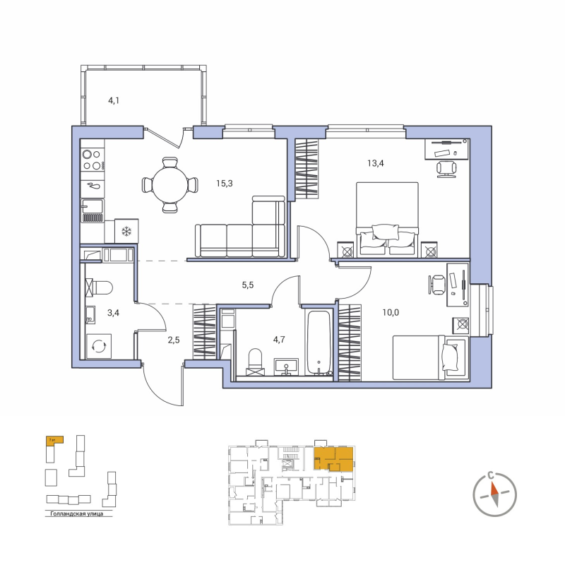 3-комнатная (Евро) квартира, 55.9 м² в ЖК "Янила Форест" - планировка, фото №1