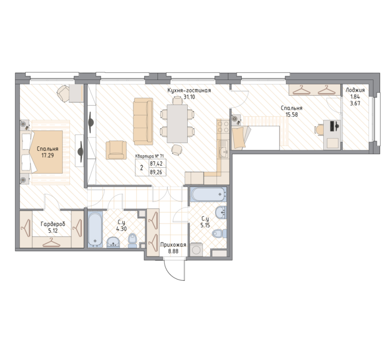 3-комнатная (Евро) квартира, 89.26 м² в ЖК "Квадрия" - планировка, фото №1