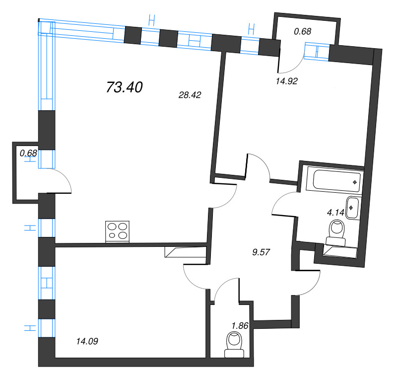 2-комнатная квартира, 73.4 м² в ЖК "Кронфорт. Центральный" - планировка, фото №1