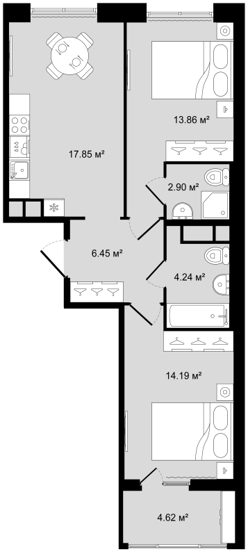 3-комнатная (Евро) квартира, 61.8 м² в ЖК "Новгородская 8" - планировка, фото №1