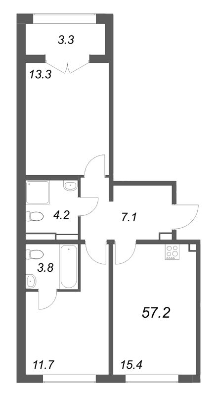 3-комнатная (Евро) квартира, 57.2 м² в ЖК "Пулково Лейк" - планировка, фото №1